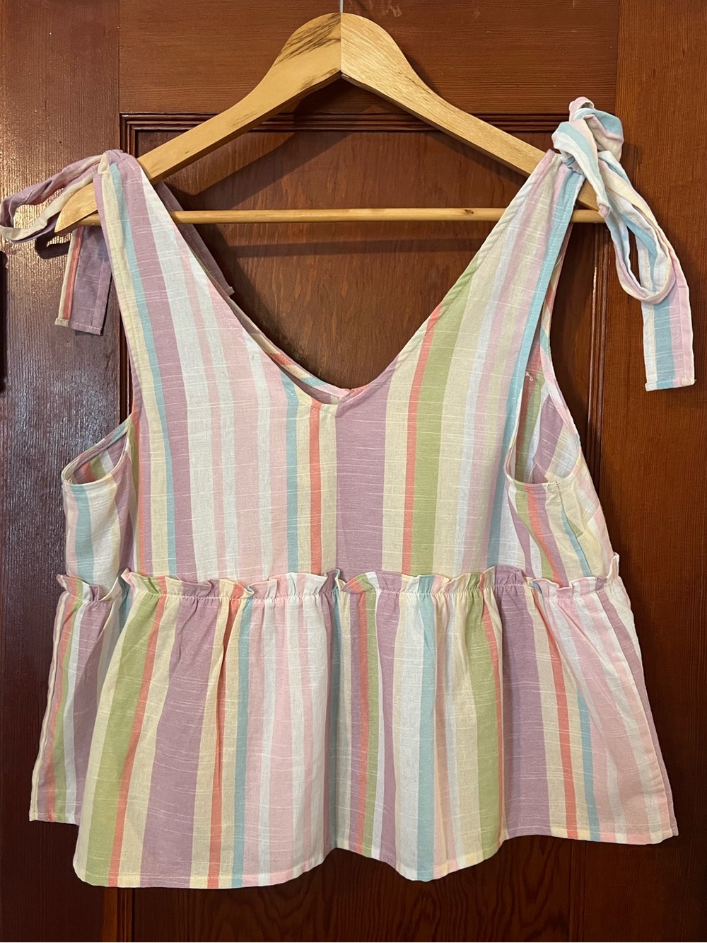 Blu Pepper Pastel Stripe Tie Shoulder Babydoll Boho Top Size Large - Picture 7 of 7